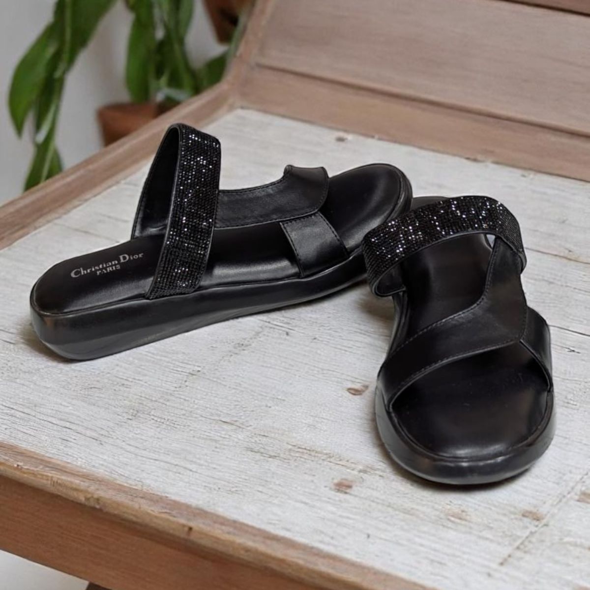 Wedges Heel With Stone Mesh Comfortable Soft Sole Black Medicated Sandals