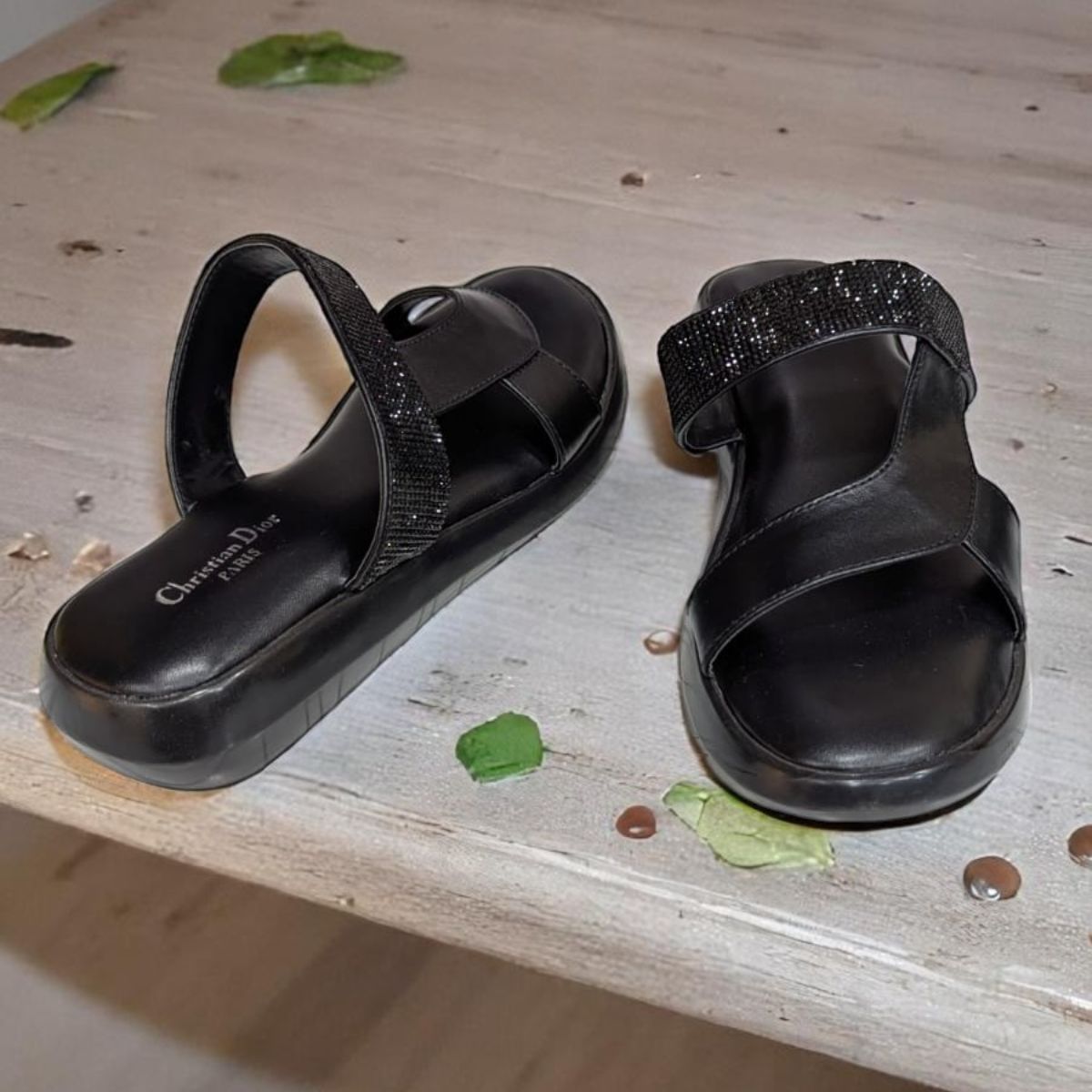 Wedges Heel With Stone Mesh Comfortable Soft Sole Black Medicated Sandals