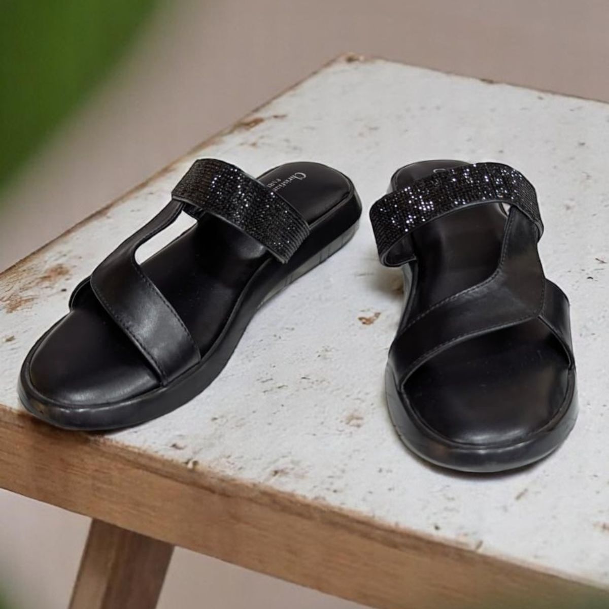 Wedges Heel With Stone Mesh Comfortable Soft Sole Black Medicated Sandals