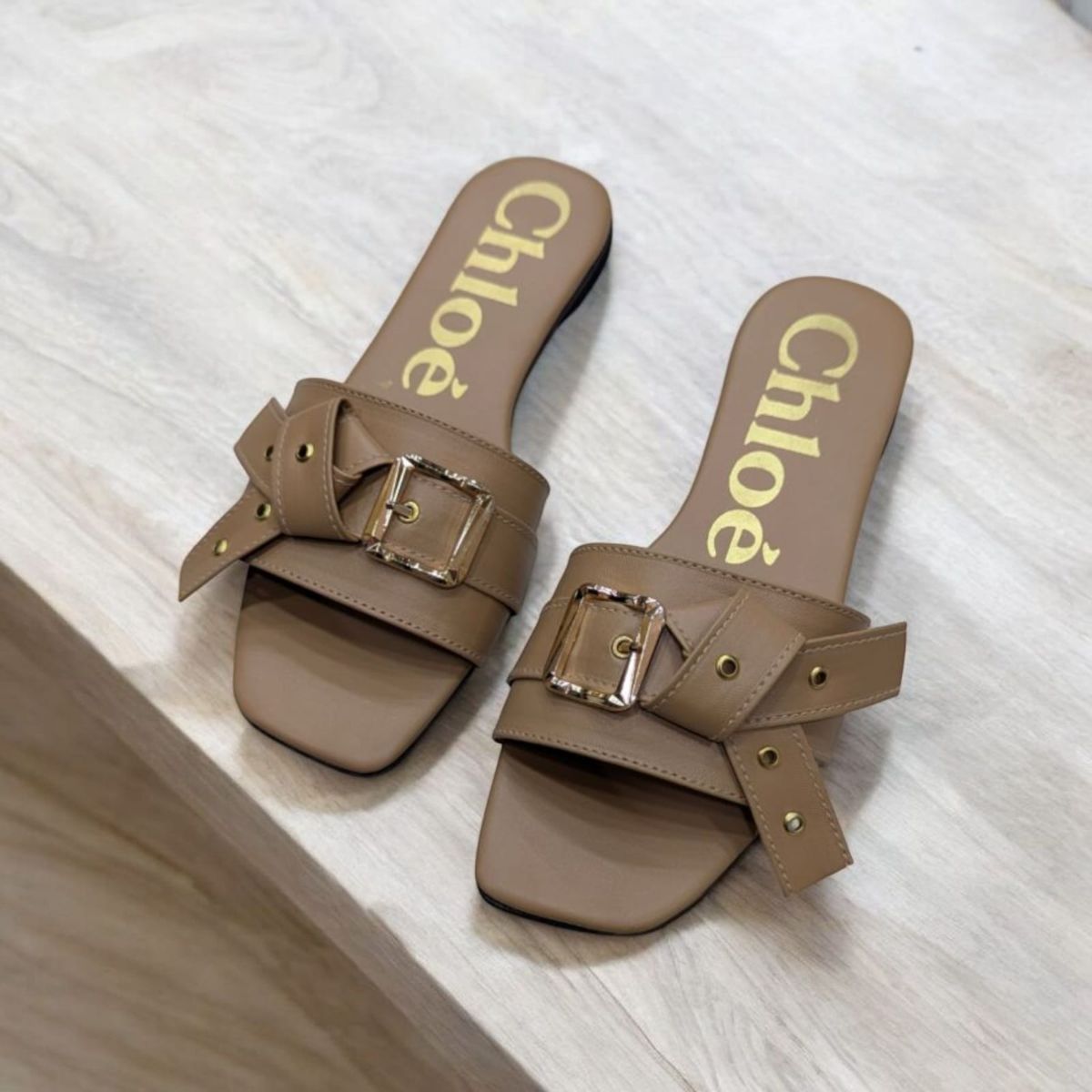 Flat Mae Buckle Embellished Brown Slippers