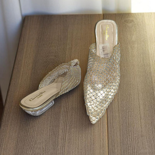 Sparkling Situation Golden net Flat Swarovski Crystals Sandal