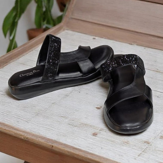 Wedges Heel With Stone Mesh Comfortable Soft Sole Black Medicated Sandals