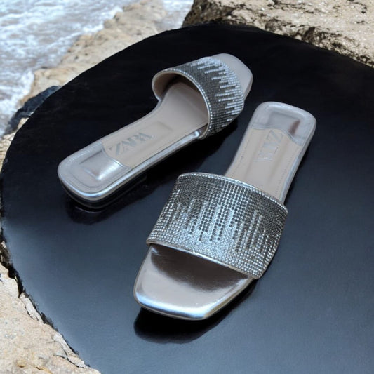 Shining Diamond Flat Silver Slippers
