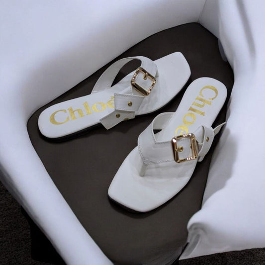 Flat Mae Buckle Embellished White Slippers