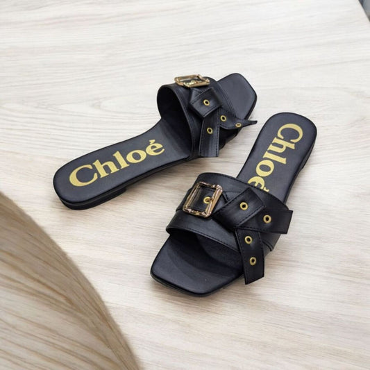 Flat Mae Buckle Embellished Black Slippers