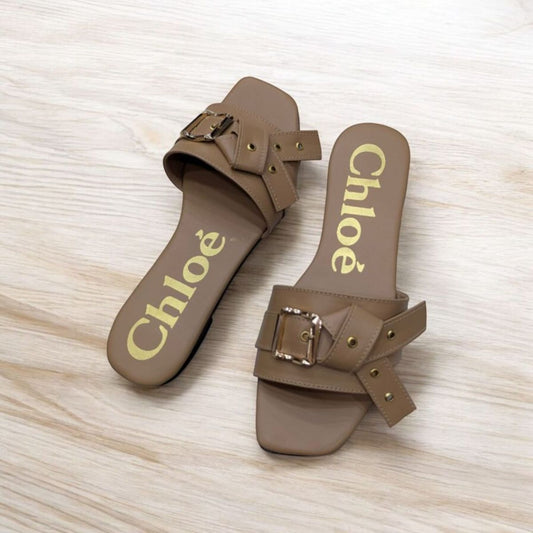 Flat Mae Buckle Embellished Brown Slippers