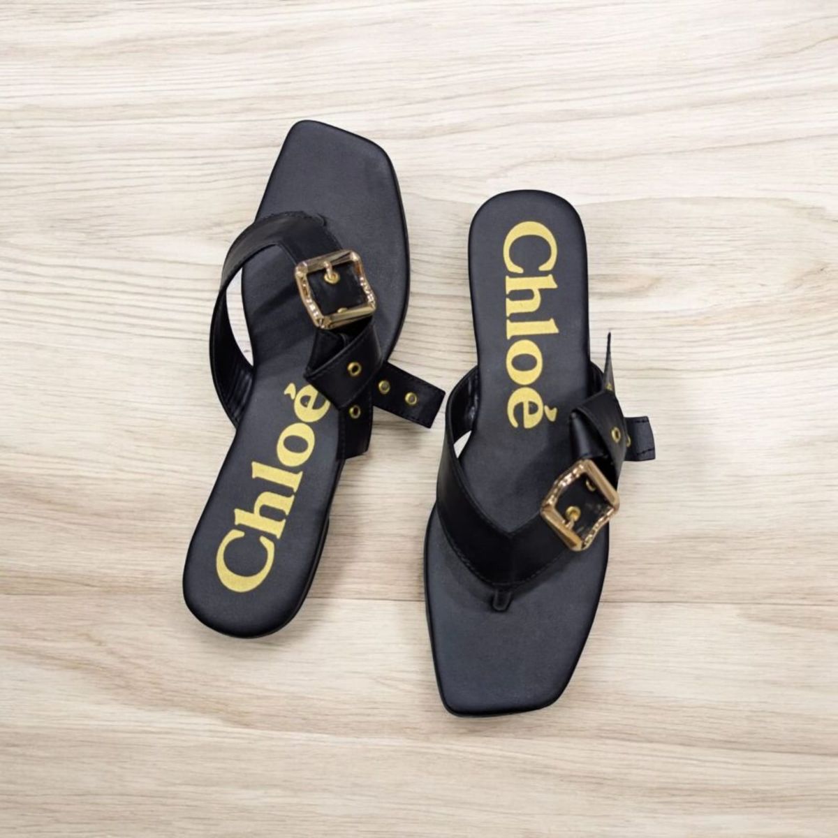Flat Mae Buckle Embellished Black Slippers