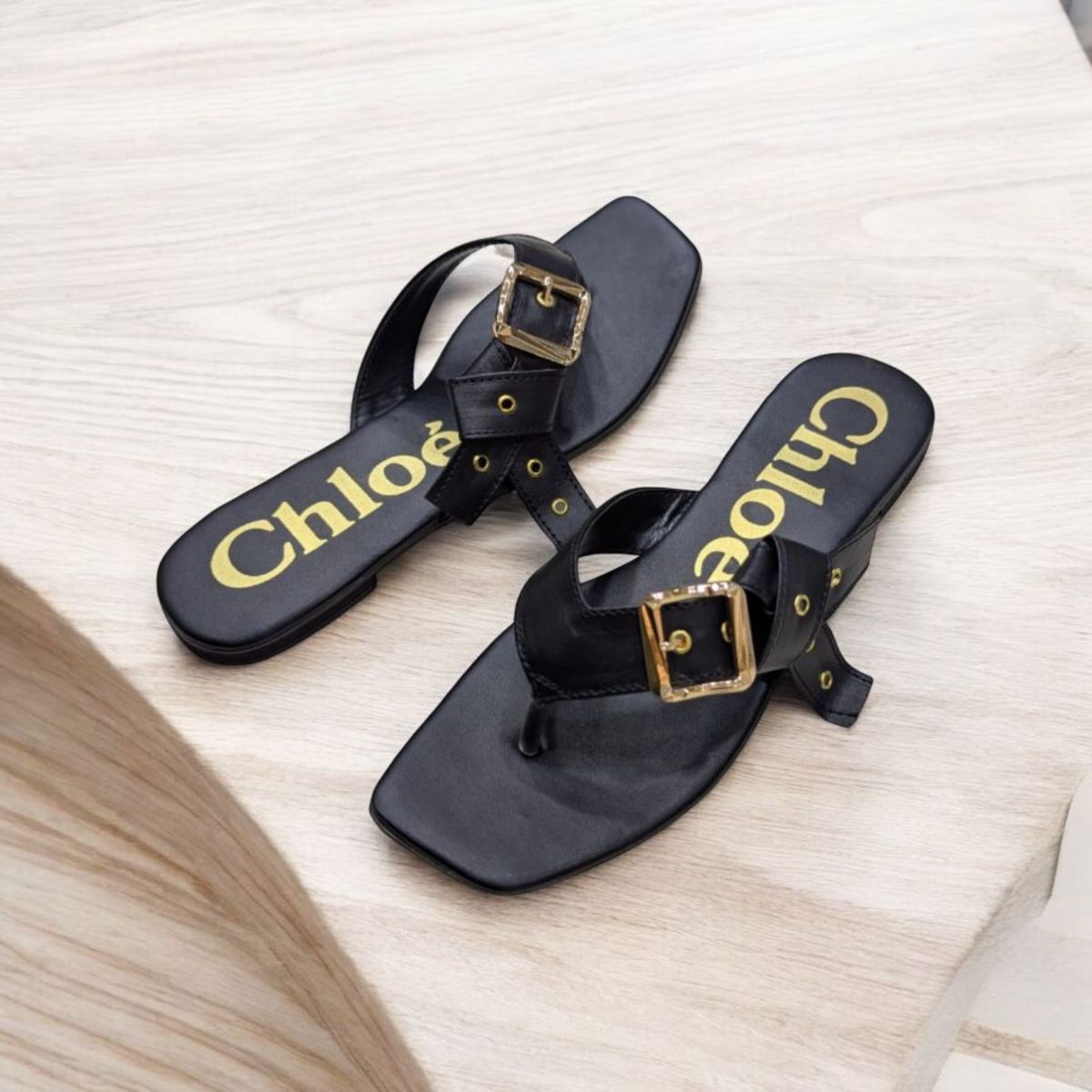 Flat Mae Buckle Embellished Black Slippers