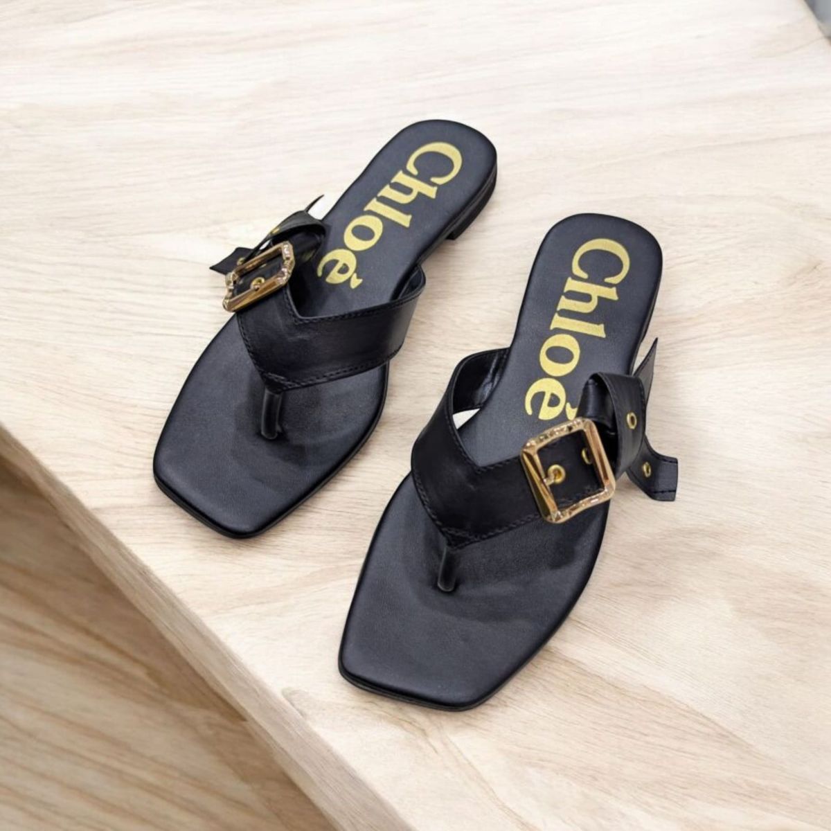 Flat Mae Buckle Embellished Black Slippers